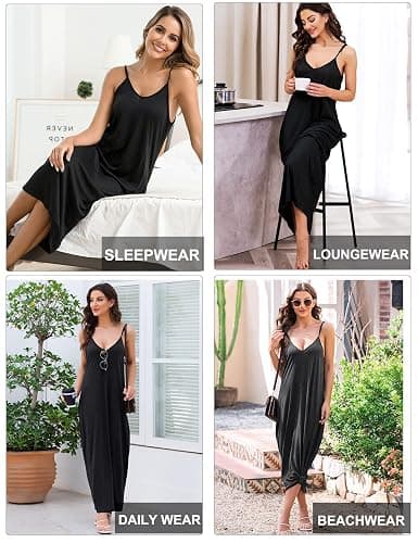 Marvmys Womens Cotton Long Nightgowns Spaghetti Strap V Neck Full Slip Sleep Shirts with Pockets thumbnail 5