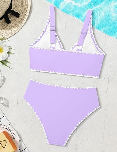 KANGKANG Girls Swimsuit Bikini Set Solid Color V-Neck Two Piece Bathing Suit with Chest Pad Adjustable Straps Swimwear 7-16T thumbnail 8