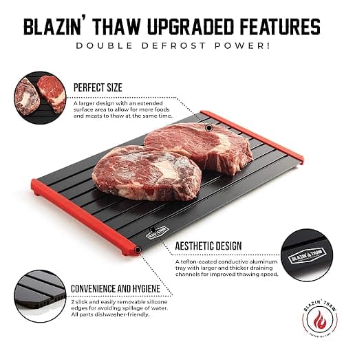 BLAZIN' THAW Defrosting Tray for Frozen Meat | 14” Large-Size | Aluminium Plate for Thawing Frozen Food | Natural Thawing Process | No Microwaves, No Cold/Warm Water Required | thumbnail 4
