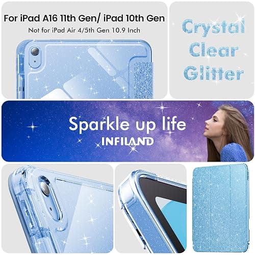INFILAND Compatible with iPad A16 11th Generation 11 Inch 2025 Case, iPad Case 10th Generation 10.9 Inch, Glitter Cover with Sparkly Clear Back, Pencil Holder, for Kids Girls (Blue) thumbnail 8