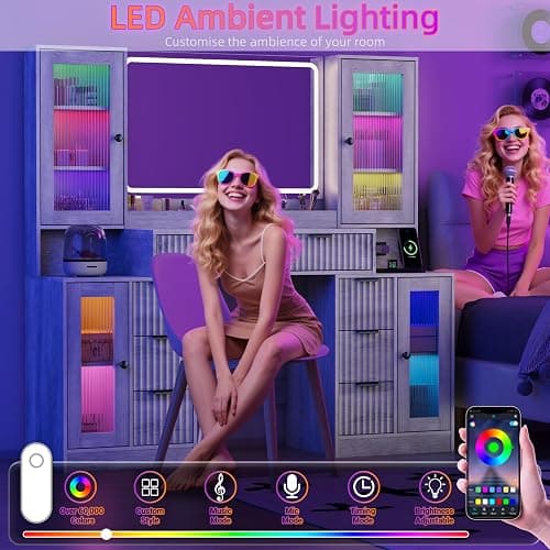 ANYMAPLE Fluted Vanity Desk with Mirror & Lights | 8 Drawers & 4 Cabinets, Tempered Glass Top, RGB Cabinet Lighting, 3-Color Dimmable Mirror, Charging Station thumbnail 5
