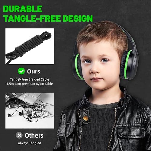 UKELALA Green Wired Headphones for Boys Portable On Ear Youth Headphones for School Airplane Travel Lightweight Portable Compatible with Pad Computer Laptop for Adults Student Children Girls Kids thumbnail 6