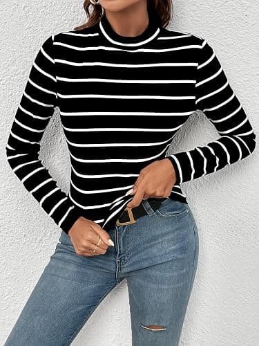 Floerns Women's Mock Turtleneck Long Sleeve Slim Fit Stretch Striped T-Shirts Tunic Tops Fall Fashion Trendy Outfits Clothes thumbnail 5