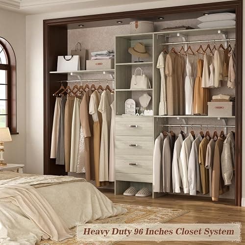 Armocity 96 Inches Closet System, 8FT Walk In Closet Organizer with 3 Shelving Towers, Heavy Duty Clothes Rack with 3 Drawers, Built-In Garment Rack, 96"L x 16"W x 75"H, Load 1000 LBS, White Oak thumbnail 9
