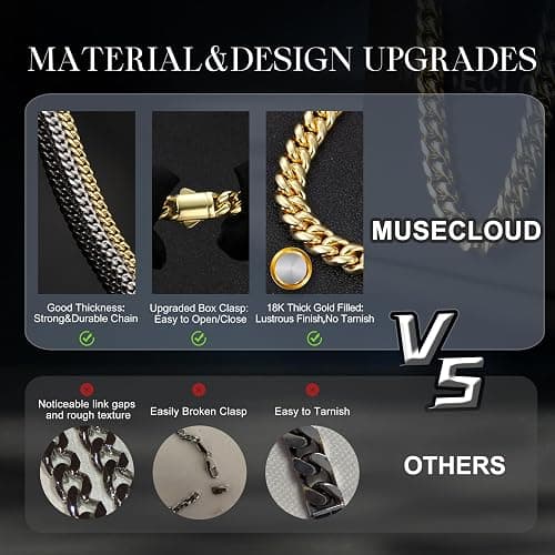 MUSECLOUD Gold Cuban Link Chain for Men Mens Stainless Steel Miami Curb Chains Necklace 5/8mm Thick Real Gold/Silver/Black Plated Diamond Cut Non-Tarnish Jewelry Trendy Christmas Gifts 18-26 Inch thumbnail 5
