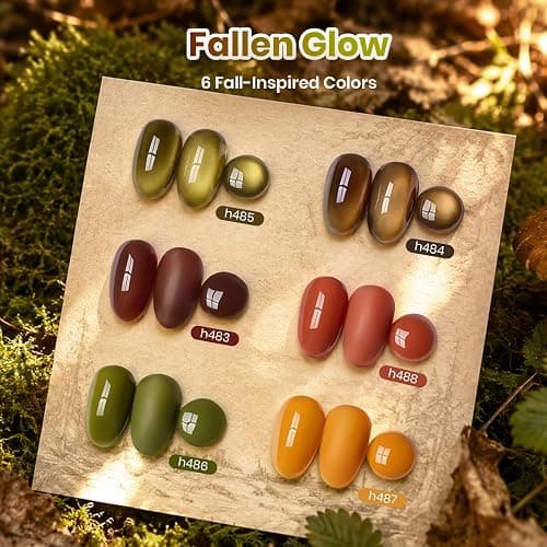 Beetles Fall Gel Nail Polish Set, 6 Burgundy Brown Olive Mustard Orange | 6 Warm Autumn Shades, Cat Eye Solid Color Gel Polish for Soak Off UV Led Manicures thumbnail 2