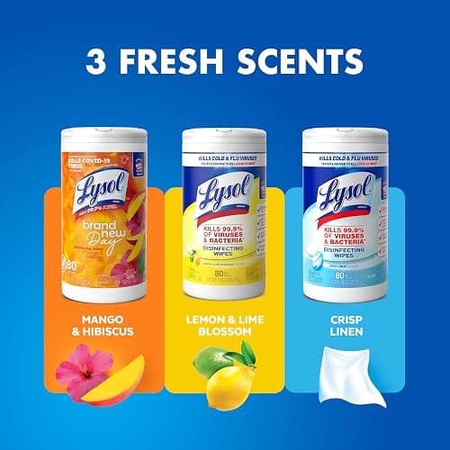 Lysol Disinfectant Wipes Bundle, Dorm Room Essentials, Multi-Surface Cleaning Wipes, For Disinfecting & Cleaning, Lemon & Lime Blossom, Crisp Linen, Mango & Hibiscus, 3x80 ct thumbnail 2