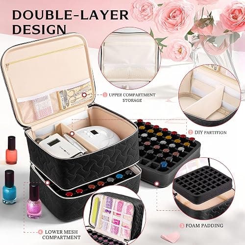 DreamGenius Nail Polish Organizer Case Holds 42 Bottles, Portable Double-Layer Nail Polish Storage Bag with Adjustable Dividers for Manicure Tools, Black thumbnail 4