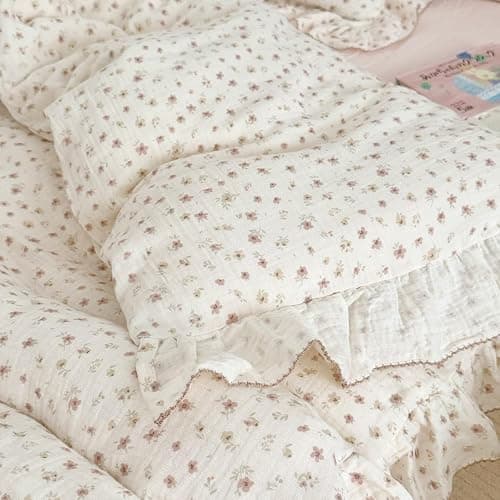 VM VOUGEMARKET 3 Pieces Full Cream Duvet Cover Set Ruffled,Girls Double-Layer Cotton Gauze Duvet Cover with Floral Pattern,Zipper Closure & Corner Ties,80"x90" thumbnail 6