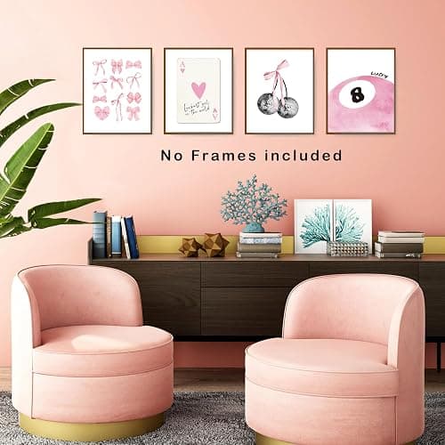 okaxscm Pink Coquette Trendy Preppy Wall Art Prints Set of 4, Coquette Room Decor, Preppy Room Decor Aesthetic, Pink Bow Disco 8 Ball Cherry Wall Decor Posters for Girls Bedroom Dorm, 8x10 Unframed thumbnail 5