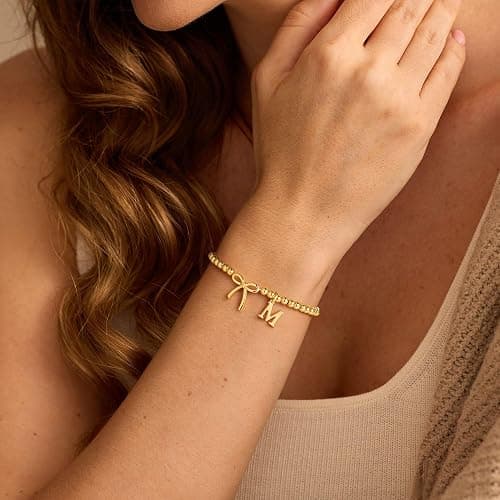 M MOOHAM Bow Initial Bracelets for Women Girls, Letter A-Z Beaded Bracelet | 14K Gold Plated, Bow Bracelets for Girls, Gold Bracelet, Beaded Initial Bracelet, Birthday Gift for Teen Girl Jewelry thumbnail 3