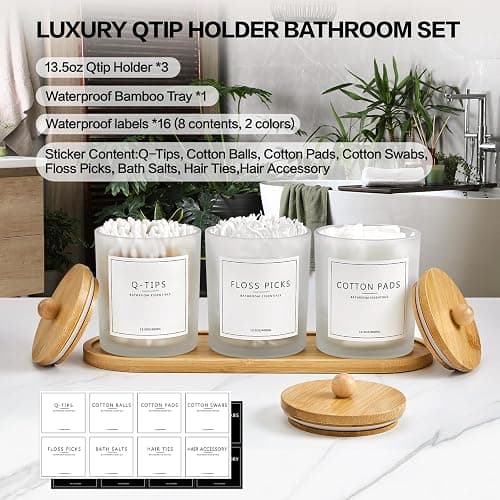 3 Pack Qtip Holder Bathroom Set with Tray,13.5oz Cotton Round Ball Pad Holder Cotton Swab Floss Pick Dispenser,Glass Apothecary Jars Canisters with Lids,Bathroom Organizers and Storage Container thumbnail 3