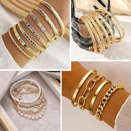 EILINOA 92 Pcs Gold Jewelry Set for Women-Includes 9 Layered Necklaces,16 Bracelets,43 Hoop|Stud|Cuff Earrings & 22 Knuckle Rings |Fashion Jewelry Gift Set thumbnail 4