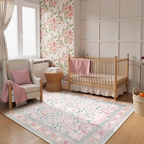 Beeiva Boho Washable Rugs 5x7, Pink Area Rug Carpet for Bedroom, Non Slip Butterfly Bedroom Rug with Low Pile, Distressed Ultra-Thin Floral Indoor Floor Carpet for Nursery (Pink,5'x7') thumbnail 9