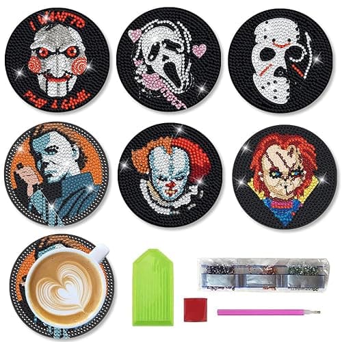 Bysincy 6 PCS Diamond Painting Coasters Kits with Holder Horror Halloween, DIY Funny Jack Skull Diamond Art Coaster Sets for Beginners Adults and Kids Art Craft Supplies Holiday Gift - Image 1