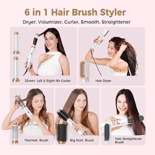 6 in 1 Air Styler Magic Hair Dryer Brush, Negative Ionic Blow Dryer Brush & 3 Heat Settings, Detachable Auto Curling & Straightening Volumizing, Frizz-Free Styling, Salon to Home Use (White-Pink) thumbnail 2