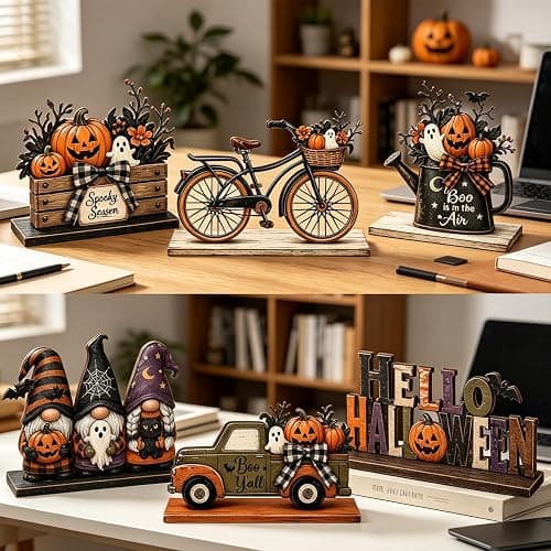 Halloween Decor Indoor, Halloween Table Decorations Indoor for Home | 6 Pcs Halloween Pumpkin Gnome Ghost Decorations Farmhouse Wooden Halloween Party Centerpiece Signs Decor for Kitchen Office thumbnail 7