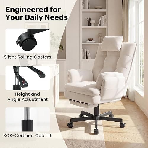 Criss Cross Office Chair with Flip-Up Armrests and Headrest, 135° Reclining Swivel Velvet Criss Cross Chair with Wheels & Foot Rest, Big and Tall Cloud Cross Legged Office Chair for Home, Cream thumbnail 7