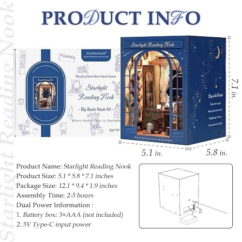 Dolphin Island DIY Book Nook Kit for Adults, 3D Wooden Puzzle Booknook Miniature House Kit (Starlight Reading Nook) thumbnail 3