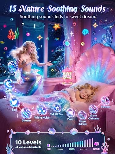 Little Mermaid Toys, 15 Soothing Sounds+18 Films+378 Colors Kids Night Light Projector, 360°+Remote+Cordless+Pink Mermaid Birthday Gifts for Girls, Princess Toys Princess Room Decor[Dreamy Packaging] thumbnail 4