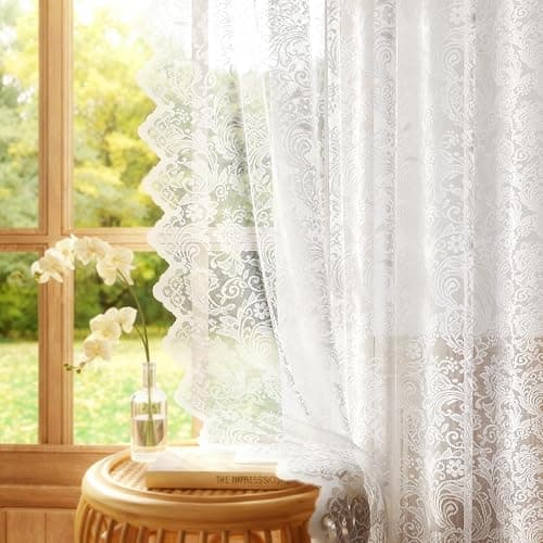 Rinwoc White Lace Semi-Sheer Curtains – Vintage Floral Lace for Bedroom/Bathroom, Light Filtering Rod Pocket Drapes, Privacy Chic Window Treatments Scalloped Hem, 52W x 72L Inch, 2-Panel Set - Image 1