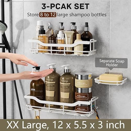 OMAIRA 3-Pack Shower Caddy with Soap Holder, Adhesive Rustproof No-drill Strudy Loading Inside Shower Organizer Shelves Rack Storage Bathroom Organization for Smooth Wall Glass Tile, White (X-Large) thumbnail 4