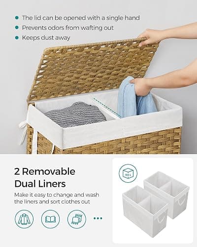 SONGMICS Laundry Hamper with Lid, 110L Clothes Hamper with 2 Removable Liner Bags, 6 Mesh Bags, Wicker Laundry Basket, Double Laundry Hamper for Bathroom, 13 x 22.4 x 23.6 Inches, Natural ULCB52NL thumbnail 4