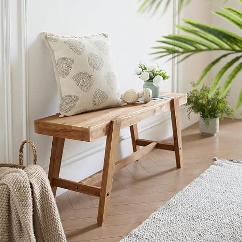 HOKYHOKY Farmhouse Solid Wood Entryway Bench – 43.4 Inches Rustic Long Bench, Dining Bench with Angled Legs, Hand-Finished Natural Grain, for Foyer, Hallway, Bedroom thumbnail 3