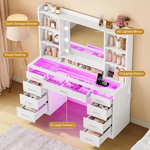 FINOESO Large Vanity Desk with Mirror and Lights, 3-Color LED, Makeup Vanity with Clear Glass Top & RGB Light, Vanity Table with 9 Drawers, 6 Open Shelves and Power Outlet, White Vanity for Bedroom thumbnail 4