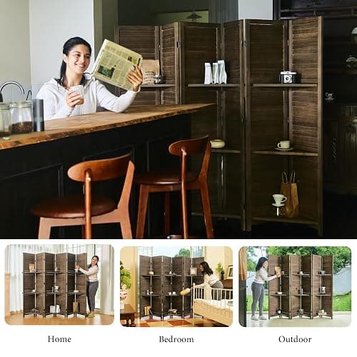 Partition Room Dividers, Folding Wood Privacy Screen with Three Display Shelves Suitable for Home Office, Study, Art Display - 6 Panel, 67 * 77inch (Brown) thumbnail 7