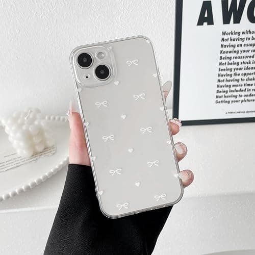 ZTOFERA Clear Case for iPhone 13, Cute Love Heart & Bowknot Pattern Design Aesthetic Transparent Phone Case Soft Flexible TPU Shockproof Protective Cover for Women Girls - White Bow thumbnail 8