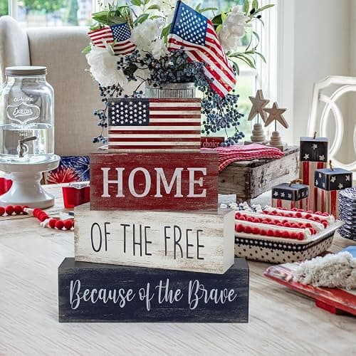 4th of July Decorations, 4 Sets Patriotic Wooden Block Table Centerpieces, Red White Blue Independence Day Memorial Day Tabletop Decorations, Rustic Labor Day Tiered Tray Decor for Home Office thumbnail 6
