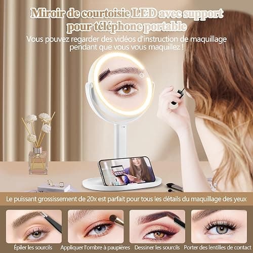 MOMOKUBA Miroir Grossissant Lumineux X 20, Miroir Grossissant sur Pied 8", miroirs Maquillage Lumineux sur Pied Double Face 3 Couleurs 64 LED, Rechargeable Rotation 360° thumbnail 6