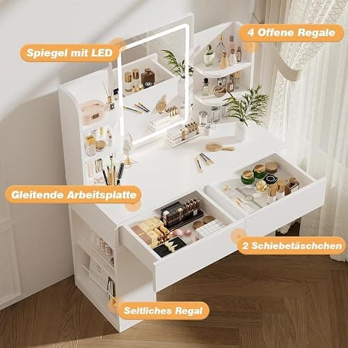 Airfish Dressing Table with LED Light,Vanity Desk with Mirror and Concealed LED Light Strip, MakeUp Desk with Two Drawers and One Sideboard,Modern (White, 90 x 40 cm) thumbnail 4