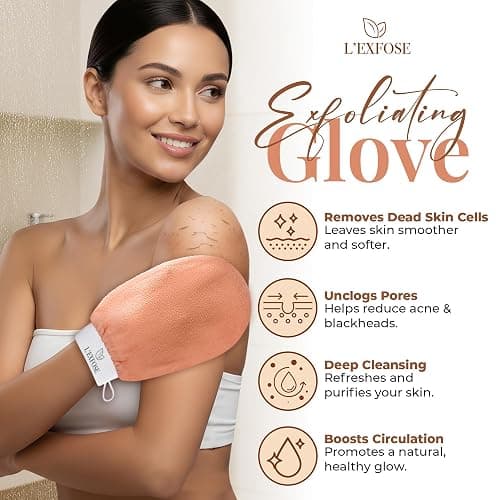 L'Exfose Kessa Hammam Deep Exfoliating Glove 2pc - Korean Exfoliating Mitt for Shower Ideal for Dead Skin Remover, Keratosis Pilaris & Self-Tanning to Improve Skin Tone Made with 100% Natural Viscose thumbnail 2