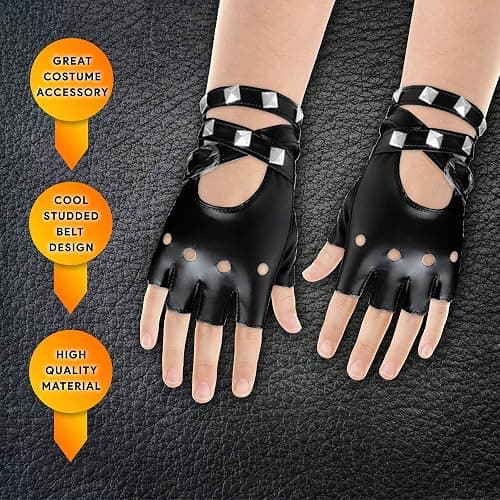 Skeleteen Fingerless Faux Leather Gloves - Black Biker Punk Gloves with Belt Up Closure and Rivet Design for Teens and Kids thumbnail 2