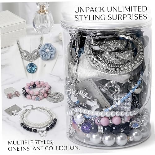 Syutokul Mystery Jewelry Jar Vintage, 50PCS/Set Surprise Jewelry Jar Assortment with Earrings, Necklaces, Hair Clips, Rings More for Daily Outfits, Silver. thumbnail 2