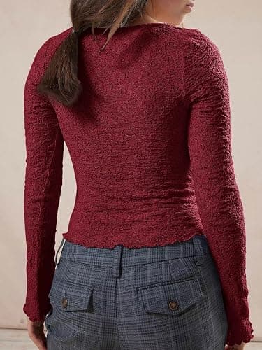 Imily Bela Womens Long Sleeve Scoop Neck Tops Going Out Crop Tops Sexy Slim Fit Blouses Lace Shirts thumbnail 4