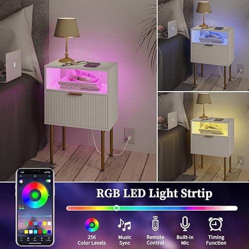 Modern Nightstand with Charging Station and LED Lights, White Bedside Table with Drawer, Fluted Side Table for Living Room, Bedroom thumbnail 4