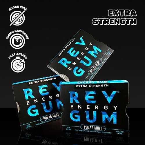 Rev Gum Caffeine Energy Gum | Extra Strength 100mg of Caffeine per Gem | Polar Mint Sugar Free Caffeine Gum - Low Calorie Chews to Help You Stay Alert, Awake and Focused - Mint Chewing Gum - 12 Packs thumbnail 3
