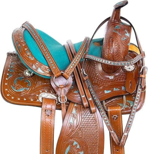 LEATHERRIDE Western Leather Barrel Saddle Floral Embossed Tooled Trail Rodeo Horse Saddle with Matching Headstall, Reins and Breast Collar thumbnail 2