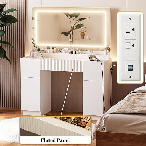 INNOD 44" Vanity Desk with Large Mirror and Lights, Modern Glass Top Makeup Vanity Set with Power Outlet, 3 Drawers and 2 Cabinet, 3 Lighting Color Adjustable Dressing Table for Bedroom,Pure White thumbnail 8