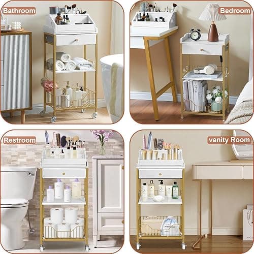 NauwaBarn Makeup Organizer Cart with Drawer, 2-in-1 Rolling Organizer Cart with Hair Tool Holder, Vanity Storage for Skincare, Perfume, Nail Polish, Cosmetics, Gold Finish thumbnail 7