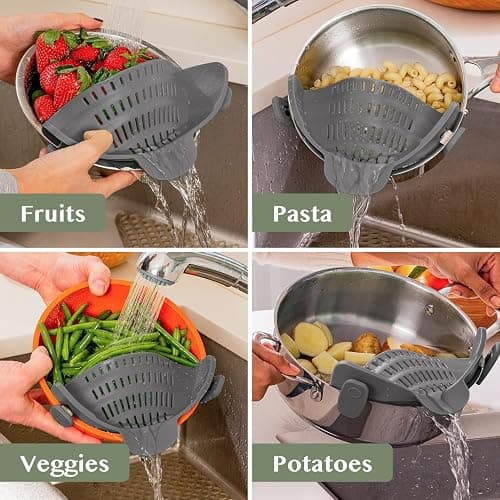 Kitchen Gizmo Snap N' Strain - Silicone Pasta Strainer Clip-On for Pots and Pans - Heat Resistant Colander for Vegetables and Noodles - Kitchen Gadgets for Cooking - Space-Saving Design - Gray thumbnail 8