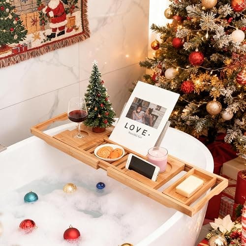 Utoplike Bathtub Caddy Tray, Bamboo Tub Tray with Sliding Towel Holder, Bath Table with Book Holder, Phone Stand and Adjustable Book Reading Rack, Tablet Slots thumbnail 4