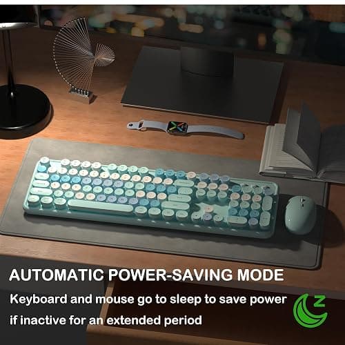Links9+ Wireless Keyboard and Mouse, Full-Size Retro Typewriter Keyboard with Round Keycaps, 2.4GHz for Windows, Mac, Laptop, PC, Desktop (Blue Colorful) thumbnail 2
