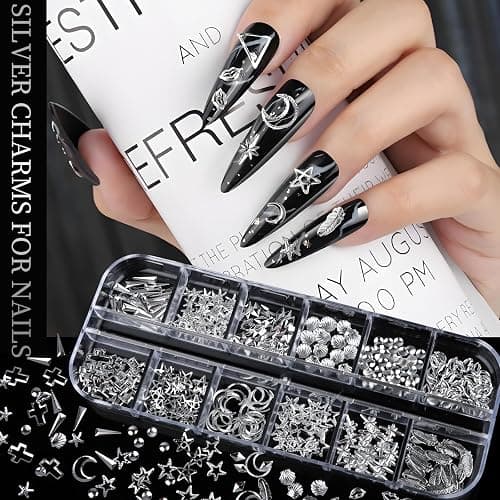 Teenitor Silver Nail Charms and Gems Kit, 4 Boxes Nail Gems Silver Rhinestones for Nails, 3D Y2K Accessories Nail Decor, Cross Charms for Nails Design Star, Caviar Beads for Nails Art thumbnail 6