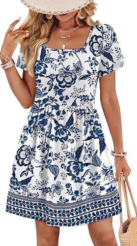 OFEEFAN Womens Summer Dresses 2025 Short Sleeve Square Neck Casual Sundresses with Pockets A-Line Color Block - Image 1
