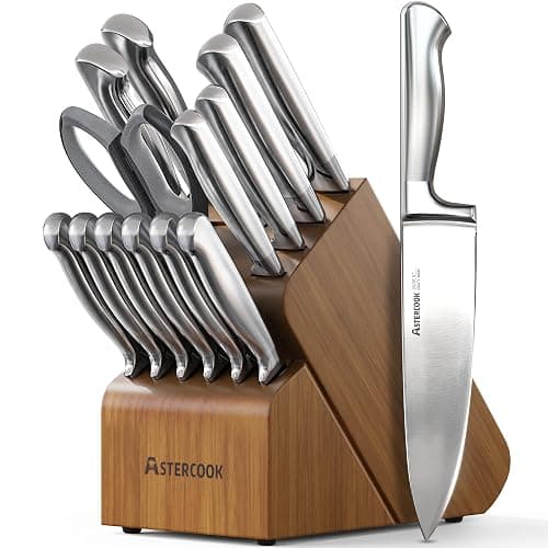 Astercook Knife Set, 15 Piece German Steel Kitchen Knife Set with Built-in Sharpener, One-Piece Knife Block Set Rust-Resistant Dishwasher Safe Block Knives Set for Cooking & Gift (Walnut Brown) - Image 1