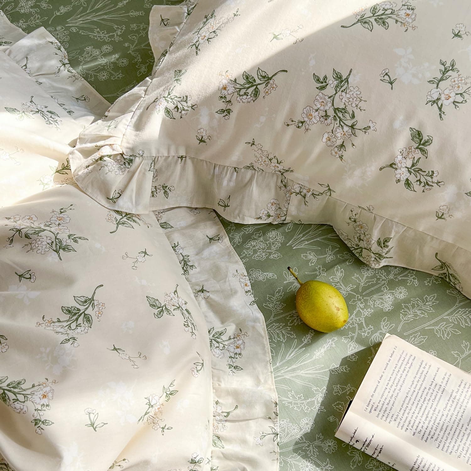 mixinni Reversible Green Floral Duvet Cover Set Full Size - 100% Cotton Botanical Bedding Set with Ruffle Lace, 3PCs Beige Soft Aesthetic Cottagecore Style Duvet Cover for Girls thumbnail 7